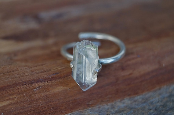 Raw Quartz Ring Brass/Silver, Natural Quartz Ring, Adjustable Chrystal Ring