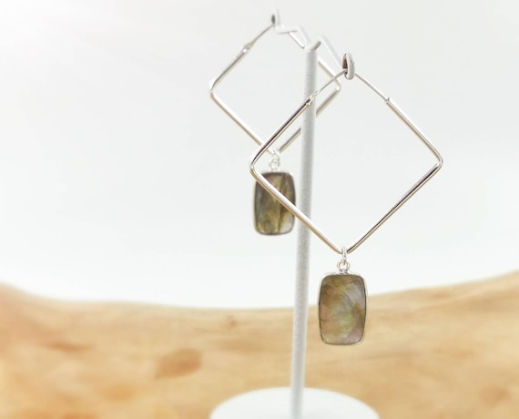 Square Hoop Earrings 925 Silver with Stone, Customisable Hoops, Black Onyx, Labradorite, Moonstone, Amethyst, Aquamarine, Rutile Quartz