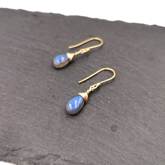 Blue Labradorite Drop Earrings Gold Plated 925 Silver, Handmade Floating Stone Earrings