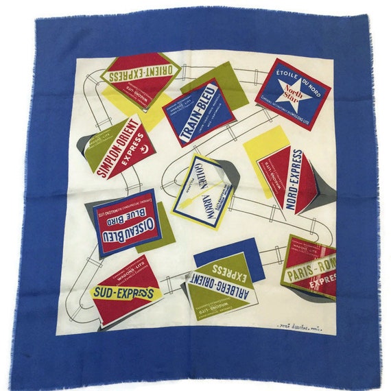 Vintage silk square scarf. By Rene Dauchez. Train