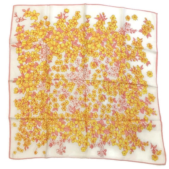 Silk Square Scarf. Ditsy Daisy Print. Pink Yellow