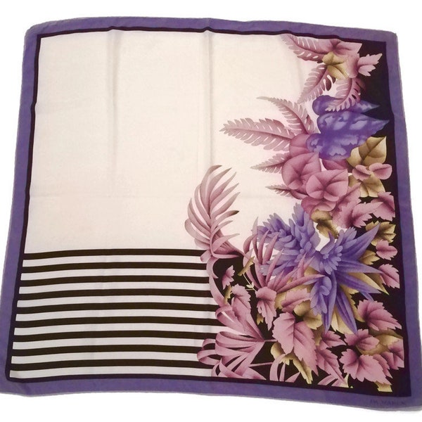 Silk scarf. Vintage 1980s. Tropical flowers and ferns. Purple