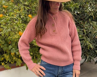 Vintage 70er Jahre Henley Pullover Pullover Handstrick Rosa Wolle