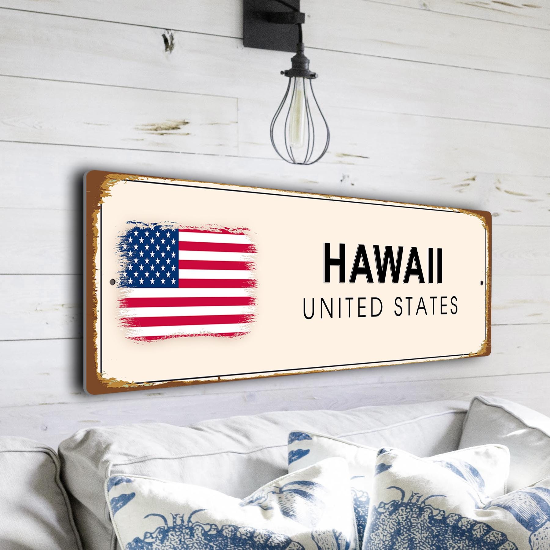 HAWAII スチール標識ビンテージ 本物 USA雑貨 Vintage Style Hawaii Street Sign, American Flag USA Decor Plaque
