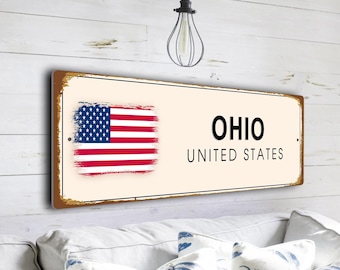 Vintage Style Ohio Street Sign, Patriotic USA Flag Decor Plaque, Gift from The Buckeye State