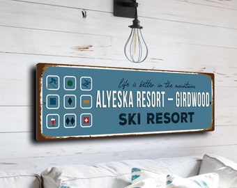 Alyeska Resort Girdwood Sign, Ski Resort Signs, Vintage Style Ski Signs, Ski Decor, Ski Lodge Sign, Ski Signs, CMSUSSKI140