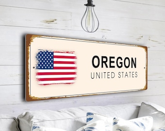 Vintage Style Oregon Street Sign, Patriotic USA Flag Decor Plaque, Gift from The Beaver State