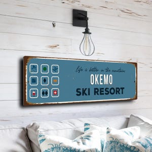Okemo Ski Resort Sign: Vintage Style, Light Blue - Cabin Wall Art