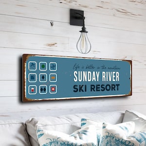 Sonntag Fluss Schild, Skiort Schilder, Vintage Stil Ski Schilder, Ski Dekor, Skihütte Schild, Ski Schild, cmssski124