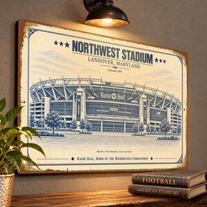 May include: A rectangular metal sign featuring a blue-toned architectural illustration of Northwest Stadium in Landover, Maryland. The text reads Northwest Stadium, Landover, Maryland, Opened 1997, Main Exterior Elevation, and Raise Hail, Home of the Washington Commanders.