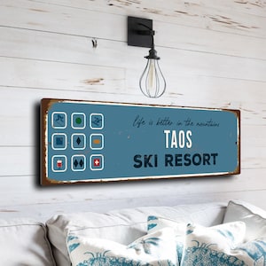 Taos Sign, Ski Resort Signs, Vintage Style Ski Signs, Ski Decor, Ski Lodge Sign, Ski Signs, CMSUSSKI118