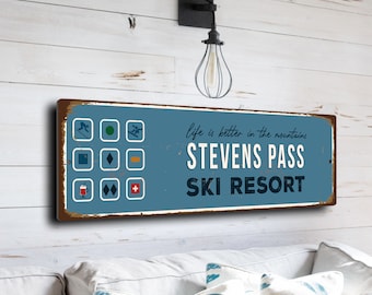 Stevens Pass Sign, Ski Resort Signs, Vintage Style Ski Signs, Ski Decor, Ski Lodge Sign, Ski Signs, CMSUSSKI132