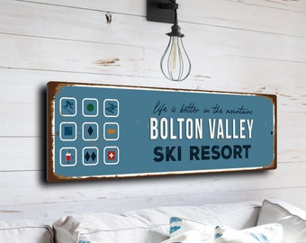 Bolton Valley Sign, Ski Resort Signs, Vintage Style Ski Signs, Ski Decor, Ski Lodge Sign, Ski Signs, CMSUSSKI169