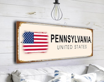 Placa de rua estilo vintage da Pensilvânia, placa decorativa com a bandeira americana dos EUA, presente do estado da Pensilvânia