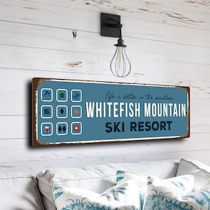 Whitefish Mountain Sign, Ski Resort Signs, Vintage Style Ski Signs, Ski Decor, Ski Lodge Sign, Ski Signs, CMSUSSKI130