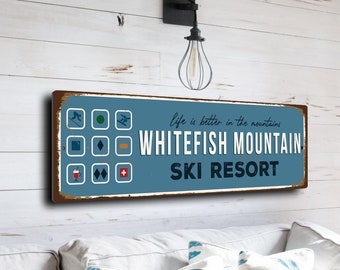 Whitefish Mountain Sign, Ski Resort Signs, Vintage Style Ski Signs, Ski Decor, Ski Lodge Sign, Ski Signs, CMSUSSKI130