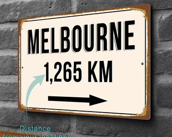 Personalized Melbourne Distance Sign: Vintage Style Travel Souvenir