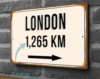 Personalized London Distance Sign: Vintage Style Travel Souvenir