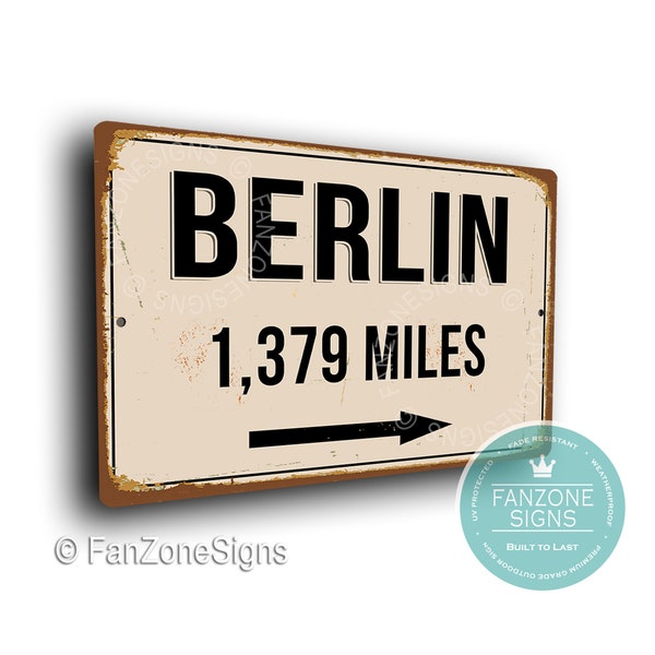 Panneau PERSONNALISÉ DE LA VILLE DE BERLIN, Panneau de distance de la ville de Berlin, Cadeau de la ville de Berlin, Cadeaux de Berlin, Miles, Km, Souvenir de Berlin, Panneaux de la ville de Berlin