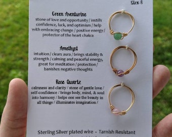 Gemstone Wire Wrapped Ring / 3 Pack Crystal Rings / Rose Quartz Green Aventurine Amethyst / Moonlit Crystals / Amethyst Jewelry / Crystals