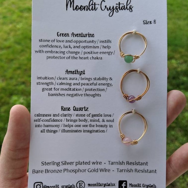 Gemstone Wire Wrapped Ring / 3 Pack Crystal Rings / Rose Quartz Green Aventurine Amethyst / Moonlit Crystals / Amethyst Jewelry / Crystals