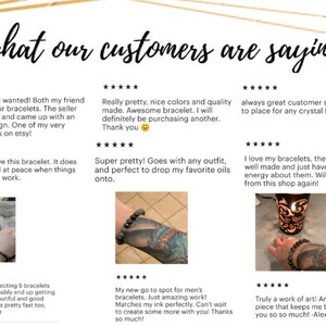 May include: A collage of customer reviews for bracelets. The reviews highlight the quality, style, and customer service of the shop. The image includes photos of the bracelets and the customers wearing them.