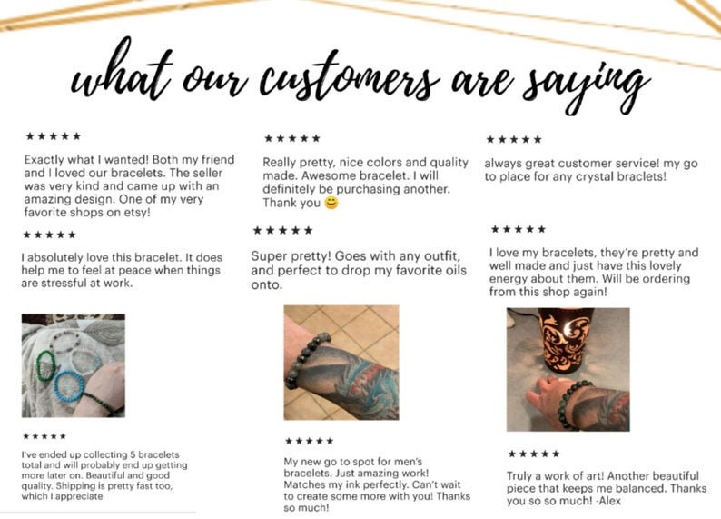 May include: A collage of customer reviews for bracelets. The reviews highlight the quality, style, and customer service of the shop. The image includes photos of the bracelets and the customers wearing them.