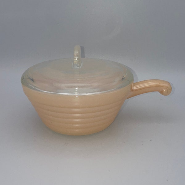 Vintage Anchor Hocking Fire King Peach Luster Handled Soup Bowl with Lid