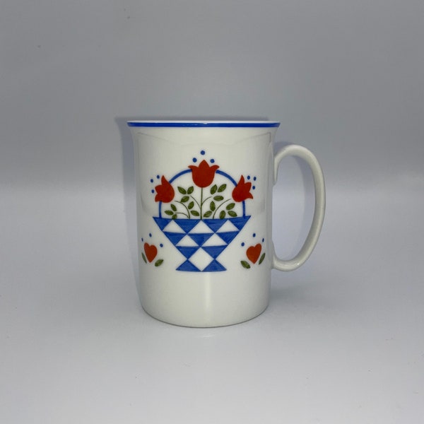 Vintage Porcelain Mug by Spal--Red, Green, Blue Flowers in basket