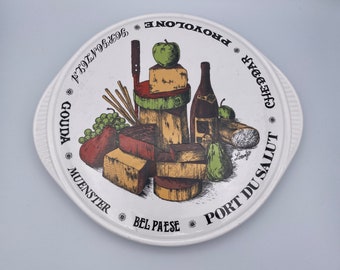 Vintage Shafford Ware Ironstone Cheese Plate Charcuterie Platter Illustrated with vheeses, grapes, apple, wine