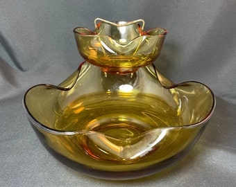 Vintage Anchor Hocking Chip & Dip Bowl Accent Modern Set Amber Crimped Sides