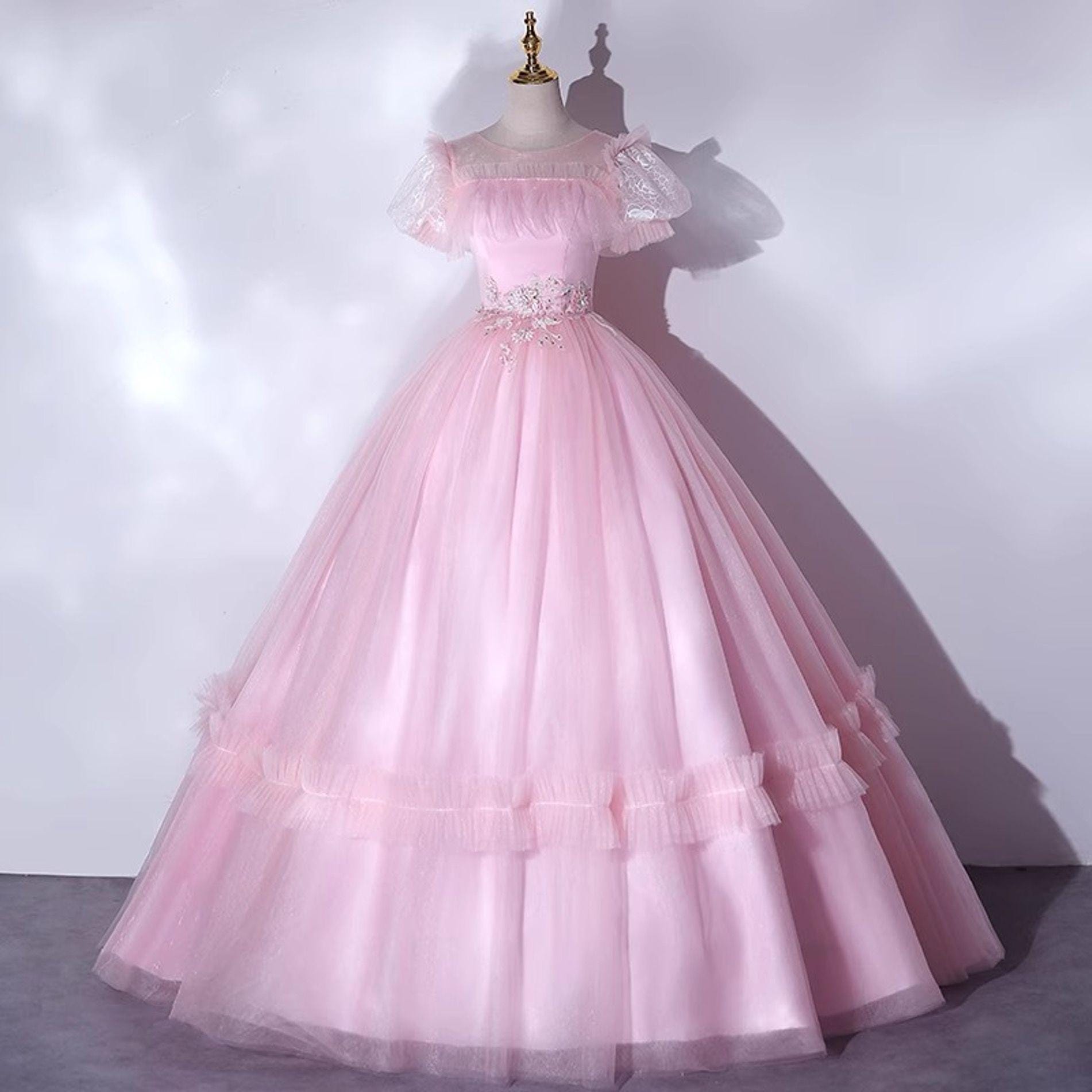 Fairy Pink Short Sleeve Tulle Prom Dress,Birthday Ball Gown,Evening Dress,Wedding Dress,Graduation Party Dress,Gifts For Her,Lace Prom Dress