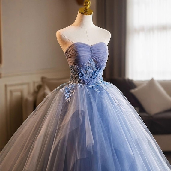 Blue Princess Tube Tulle Prom Dress,evening Dress,birthday