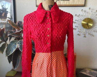 1960s 1970s vintage inspired orange and floral long sleeve beagle collar a-line mod mini dress