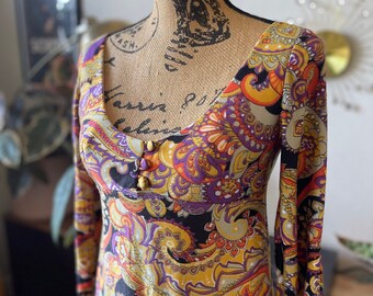 1960s vintage long sleeve paisley psychedelic mod micro mini dress