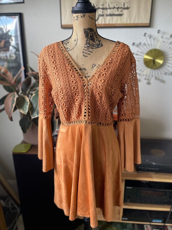 1960s 1970s vintage inspired tan crochet suede mo… - image 1