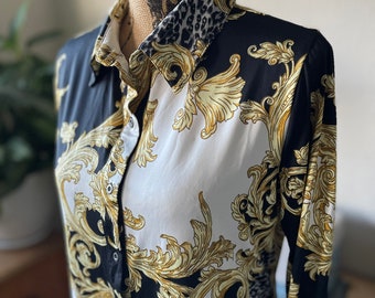 Button Down Shirts Men's Baroque Fashion Casual Long Sleeve Party Up Silky  Dress
