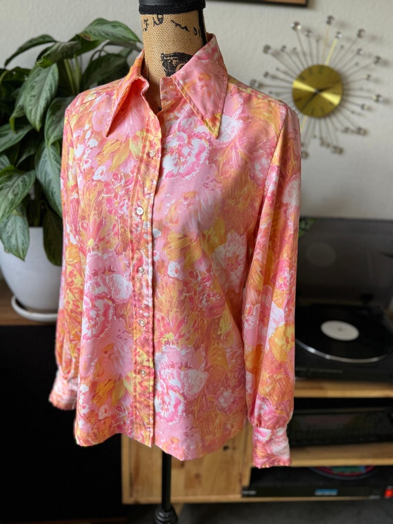 1970s vintage dagger collar long sleeve floral blo