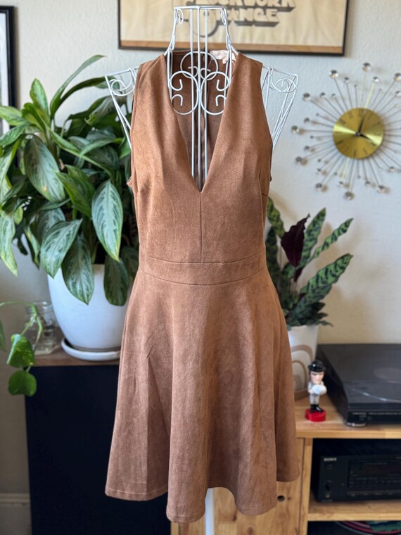 1960s vintage inspired light brown faux suede sleeveless plunging neckline  mod mini dress
