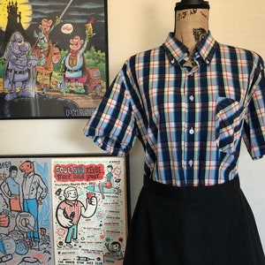 Ladies vintage WARRIOR blue checkered short sleeve button down shirt image 1