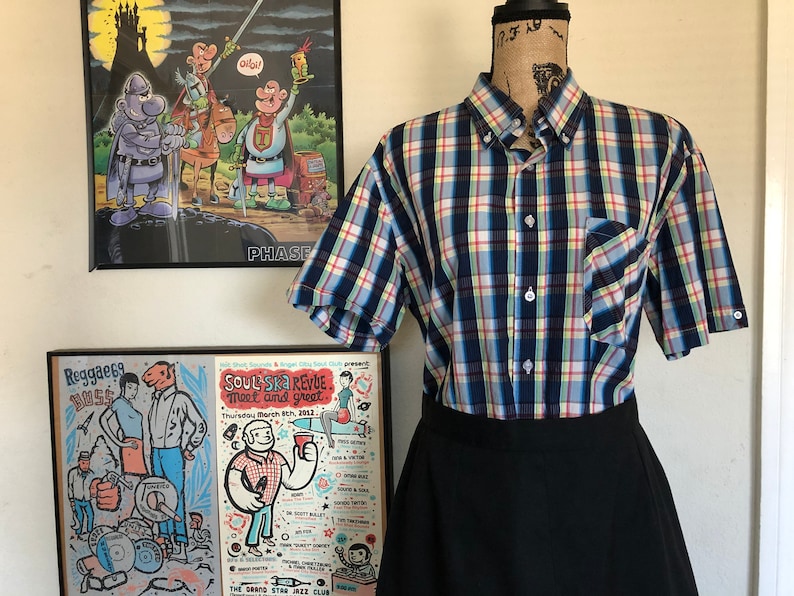 Ladies vintage WARRIOR blue checkered short sleeve button down shirt image 1
