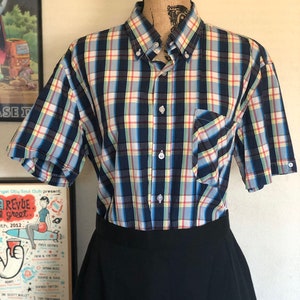 Ladies vintage WARRIOR blue checkered short sleeve button down shirt image 3