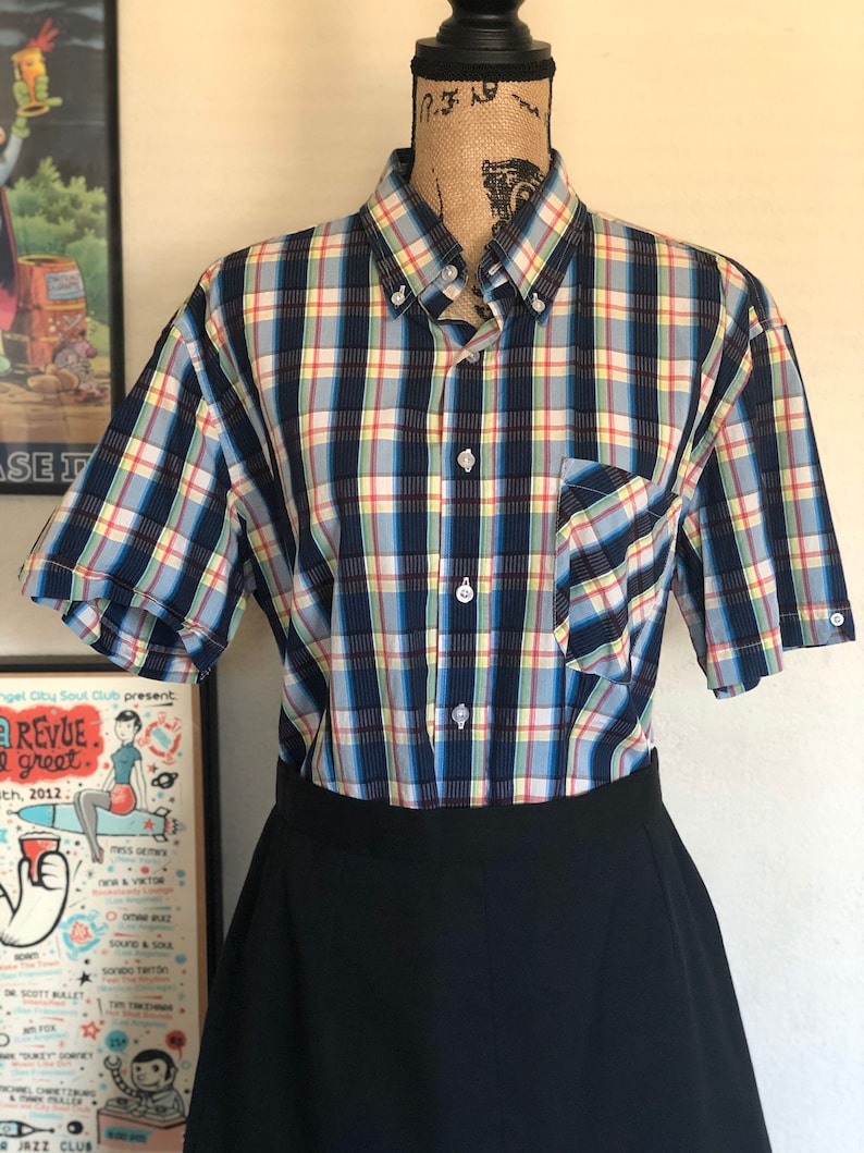 Ladies vintage WARRIOR blue checkered short sleeve button down shirt image 3