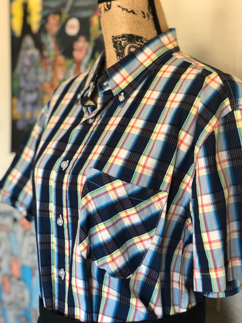 Ladies vintage WARRIOR blue checkered short sleeve button down shirt image 4