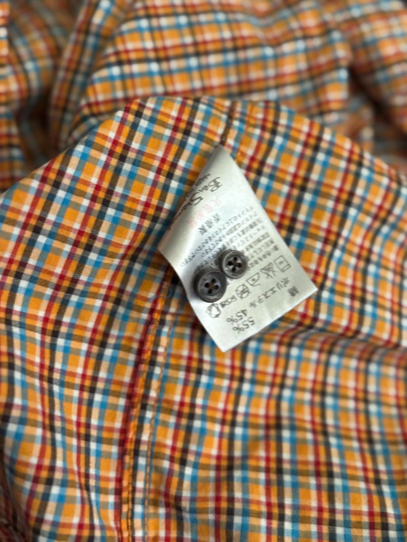 Puede incluir: Primer plano de una camisa a cuadros colorida con una etiqueta y dos botones. La camisa presenta un patr&oacute;n de cuadrados naranjas, azules, rojos y negros. La etiqueta tiene texto y dos peque&ntilde;os botones.