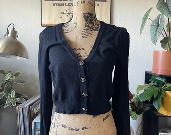 Vintage inspo ladies black long sleeve v neck cardigan SZ Large