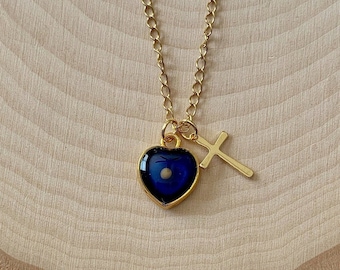 Gold mustard seed necklace for women and girls with blue center in heart with real mustard seed, Matthew 17 20 faith of a mustard seed