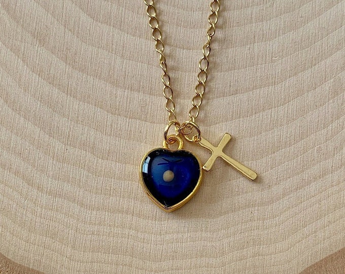 Gold mustard seed necklace for women and girls with blue center in heart with real mustard seed, Matthew 17 20 faith of a mustard seed