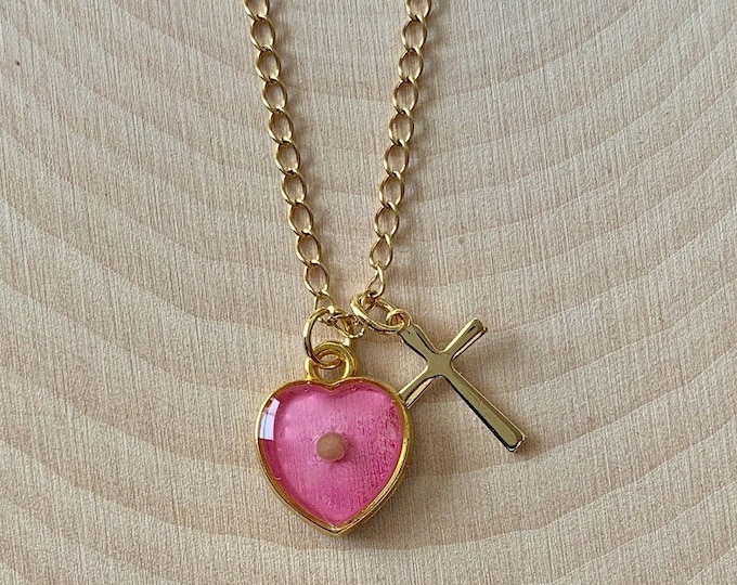 Gold and pink mustard seed necklace for women and girls with pink heart and gold cross with real mustard seed, Pink heart and cross pendant