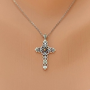 Silver Filigree Cross Necklace: Mustard Seed Center, Stainless Steel Chain